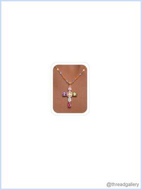 14K Gold Plated Cross Necklace Cubic Zirconia Beaded Station Chain